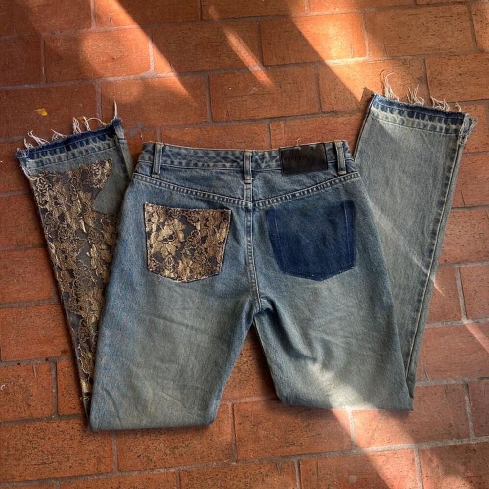 VTG Y2K Express Lace Patchwork Straight Leg Jeans Mid Rise 6 100% Cotton